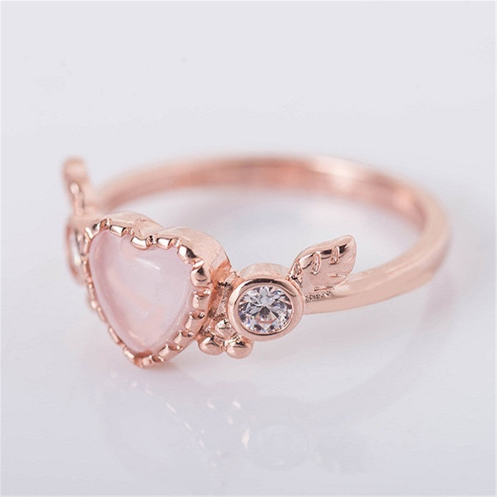 Heart Shaped Wings Ring Zircon Inlay Rose Gold Silver Base Metal Unisex Design Gift for Women Heart Jewel Chic