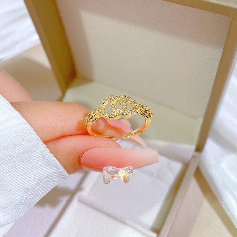 Gold Plated Double Ring Classic Style Micro Inlay Light Luxury Ring For Women Adjustable Elegant Everyday Item