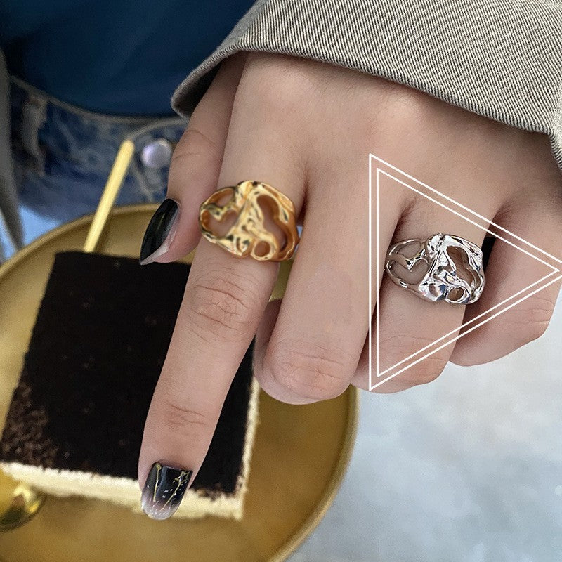 Geometric Silver Plated Adjustable Ring With Irregular Hollow Design For Women Elegant Everyday Accessory Chic