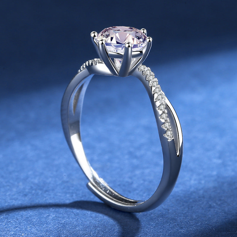 Womens 925 Sterling Silver Ring Geometric Design With Simulated Diamond Six Prong Adjustable Electroplated Ring