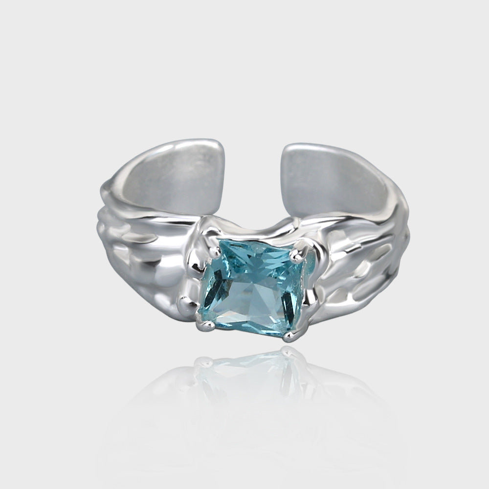 Blue Zircon Irregular Ring For Women Small Design Copper Jewelry With Modern Punk Style Handcrafted Accent Artisan