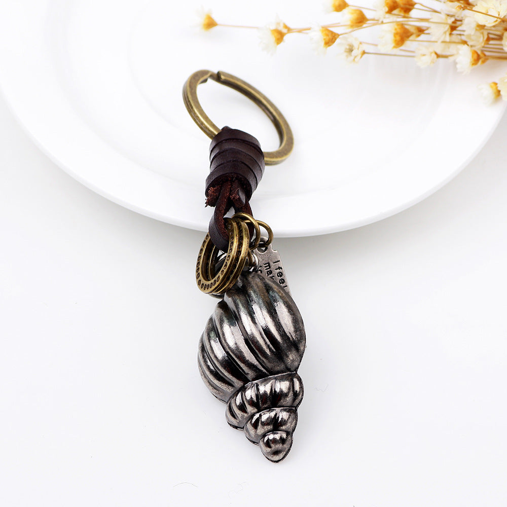 Genuine Leather Keychain Conch Charm Durable Metal Chain Artistic Design Car Keychain Pendant Keyring Keepsake