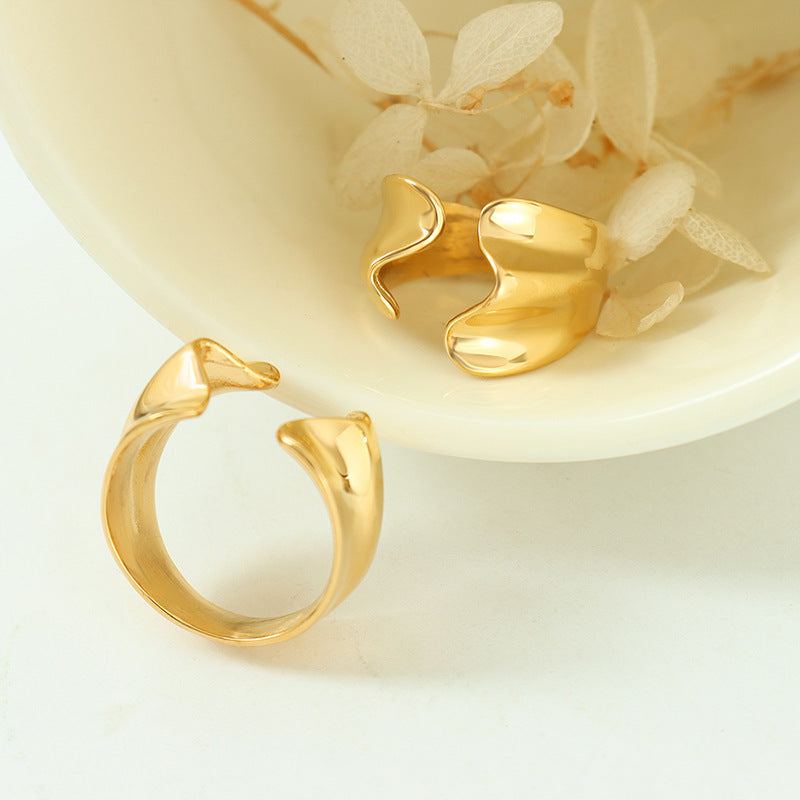 Women's Titanium Steel Ring with 18K Gold Plated Geometric Design Adjustable Opening Fashion Jewelry Statement Ring for Her Simple Ins Personality