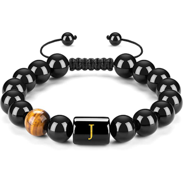 Mens Natural Black Agate 10mm Beads Handmade Initial Letter Bracelet Personalized Gift for Men Letter A Shape Letter
