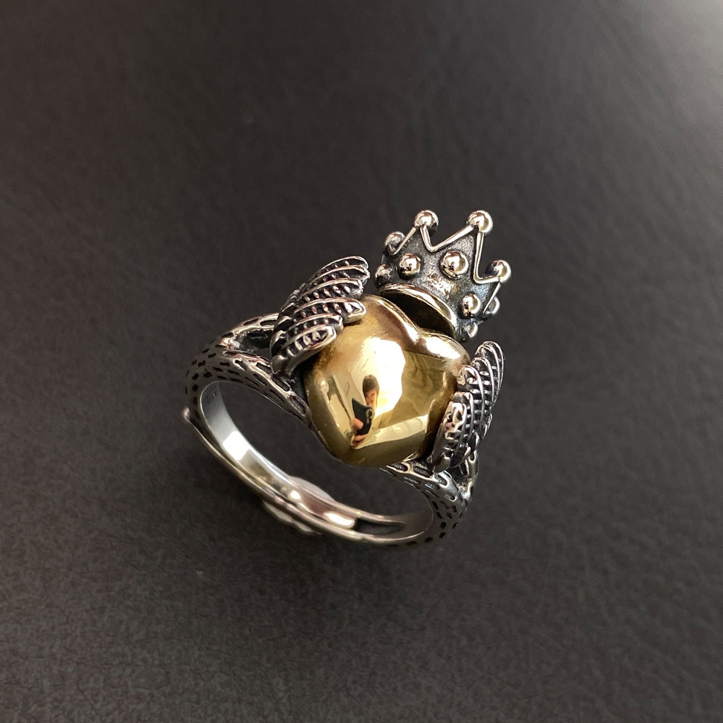Womens Adjustable Silver Plated Ring Crown Wings Feathery Retro Geometrical Design Intricate Gold Accents Open