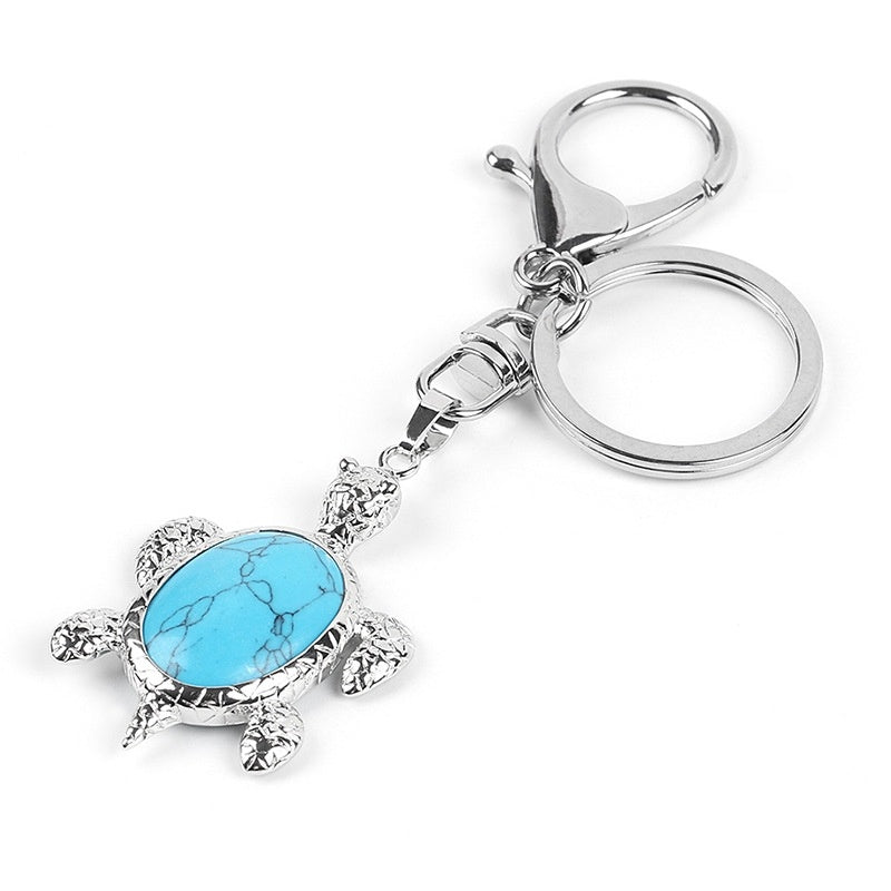 Natural Stone Keychain Bird Turtle Shape Accessory For Keys Bags White Crystal Turquoise Opal Pink Bead Accent