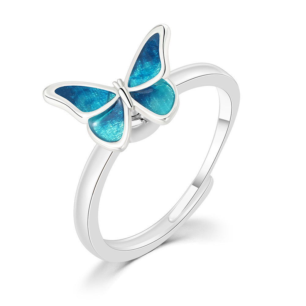 Womens Copper Inlaid Zircon Butterfly Ring Drip Oil Adjustable Opening Trendy Fashion Jewelry Gift for Her Now