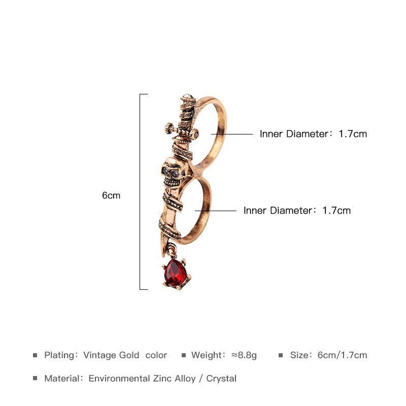 Womens Double Finger Skull Ring Alloy Metal Diamond Drop Design Artificial Gemstones Jewelry European American