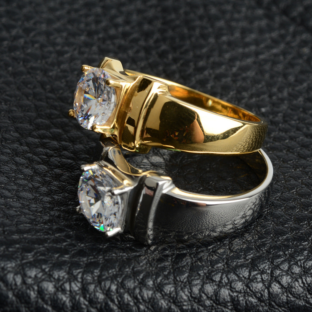 Men's Stainless Steel Ring with Simulation Diamond Inlay Titanium Steel Band Natural Design Ring Gift for Him White Steel or Electric Gold Finish