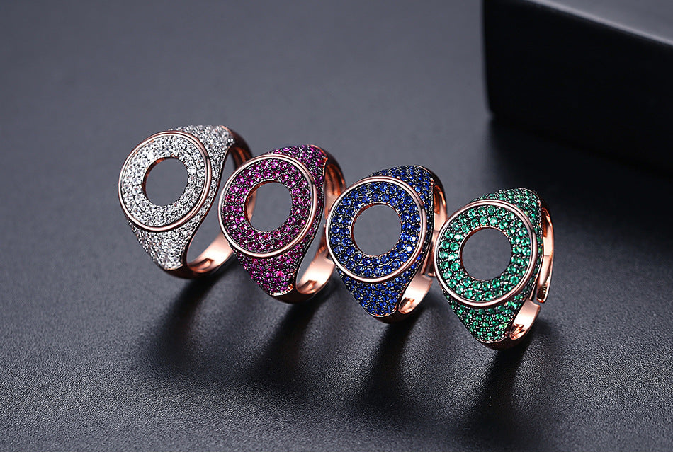 Geometric Zircon Stone Open Adjustable Ring Copper Jewelry for Her Hip Hop Style Gift Elegant Copper Accessory