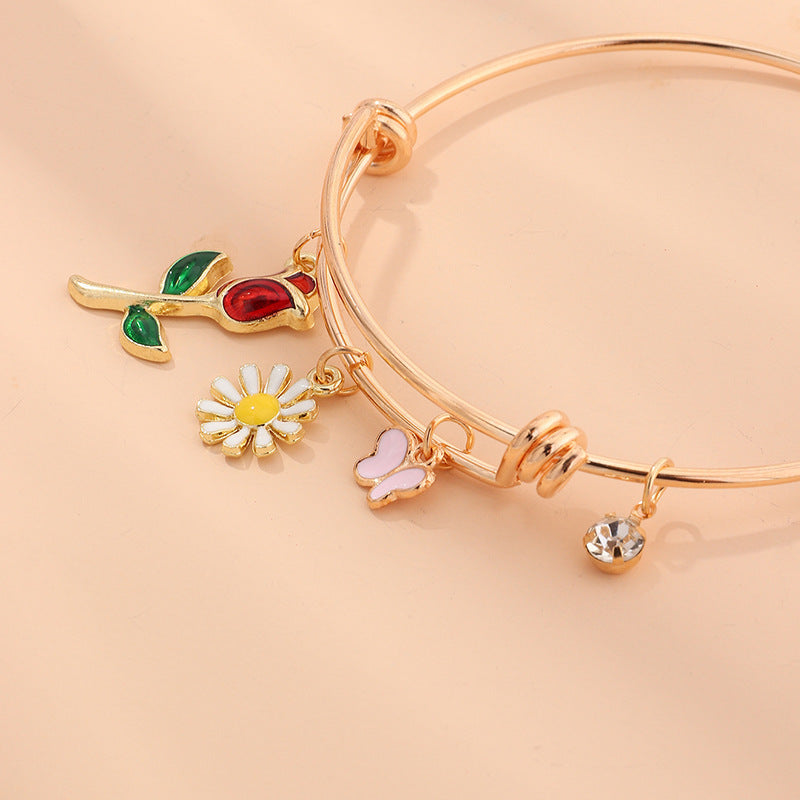 Womens Golden Floral Butterfly Pendant Bracelet Jewelry