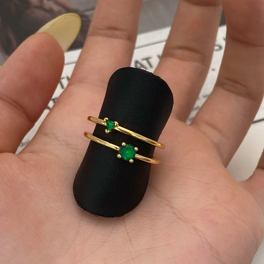 Womens Green Diamond Studded Adjustable Open Ring Copper Electroplated Geometric Jewelry Gift For Her Classics