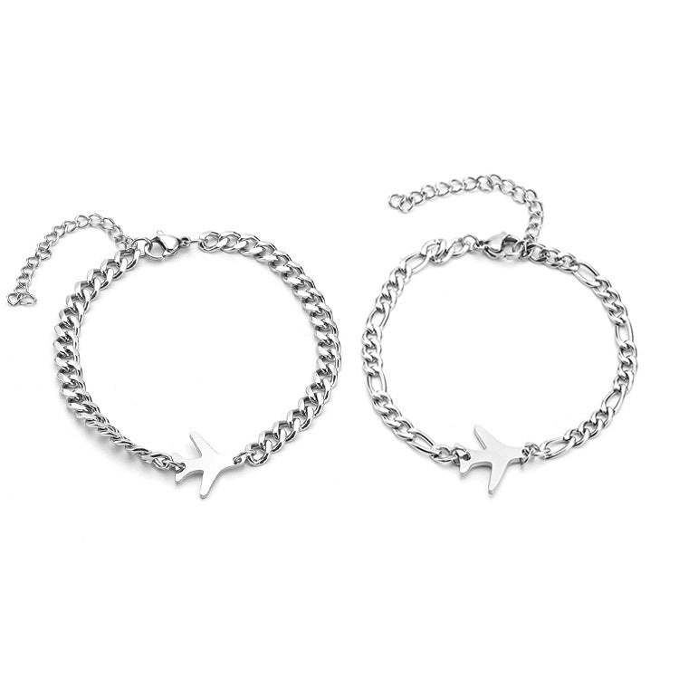 Couple Bracelet Stainless Steel Cuban Chain Airplane Pendant Matching Bracelets His And Hers Geometric Jewelry