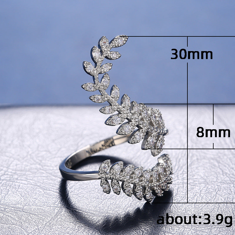 Womens Adjustable Leaf Ring White Gold Inlaid Zircon Copper Ring Nature Inspired Elegant Fashion Jewelry Style