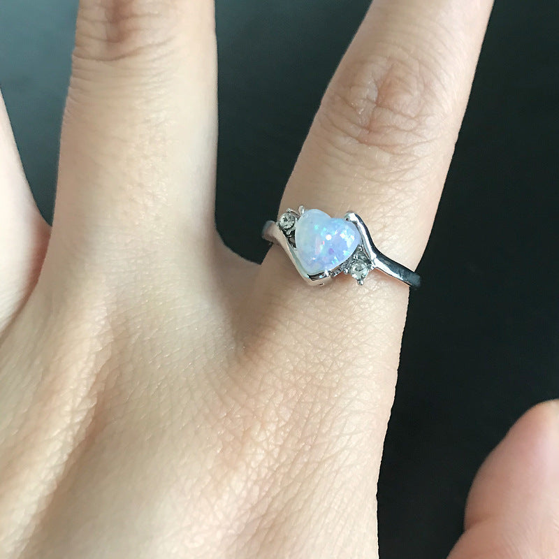Womens Heart Ring Gold Plated Opal Stone Elegant Alloy Jewelry Simple Design Birthday Gift For Women Gift Idea