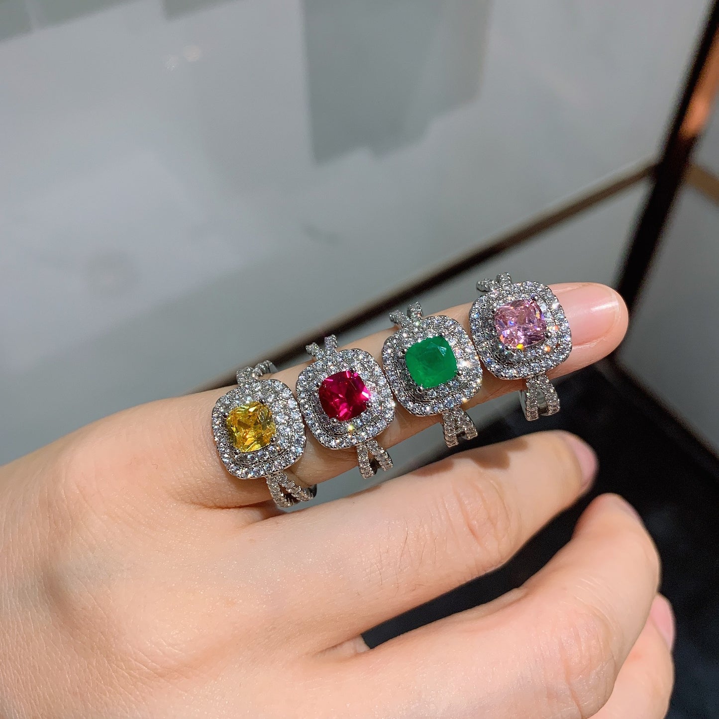 Womens Adjustable Ring With Rubies Emeralds And Yellow Diamonds Geometric Zircon Jewelry Elegant Everyday Wear