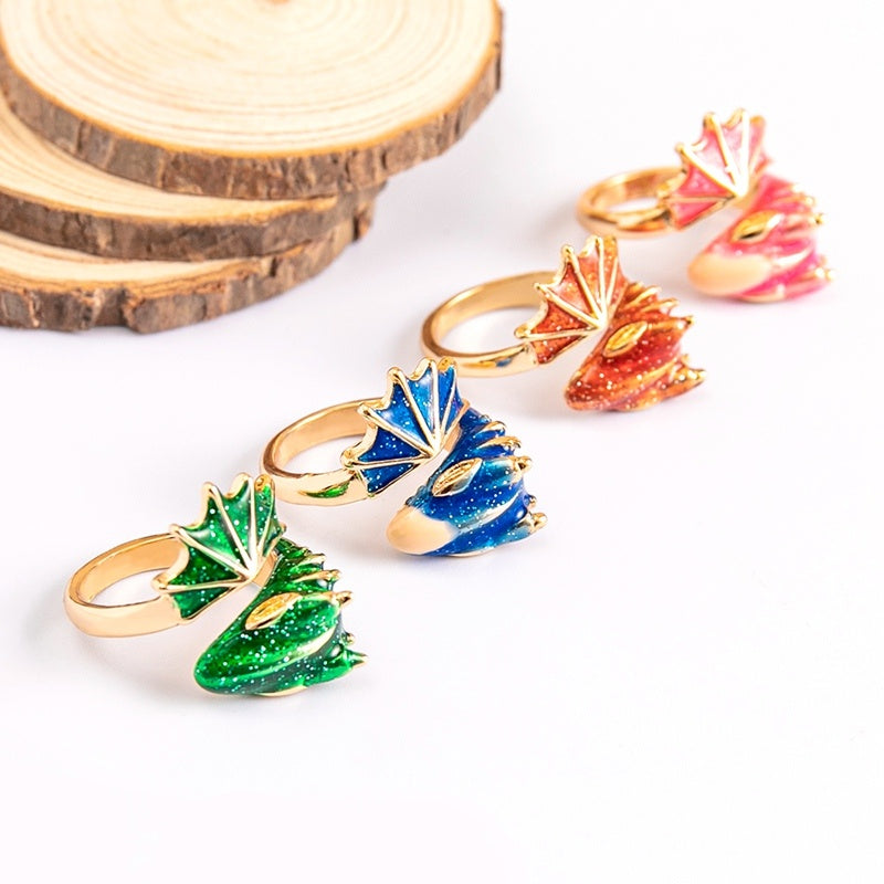 Boho Dragon Wing Adjustable Ring Zinc Alloy Enamel Glitter Statement Jewelry Blue Green Pink Red Women Sparkle