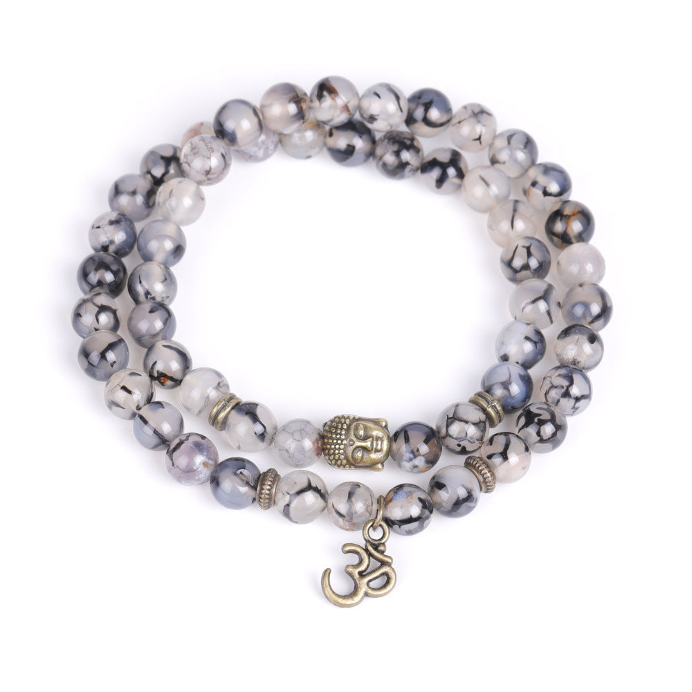 Unisex Volcanic Stone Double Row Bracelet Bronze Buddha Head Agate Geometric Totem Jewelry Religious Symbolic Accessory