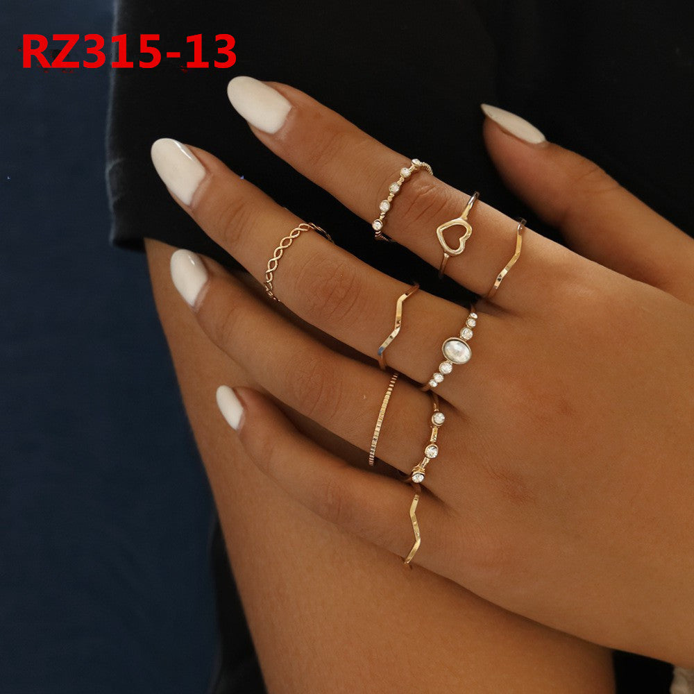 Womens Bohemian Ring Set Geometric Inlaid Gemstones Alloy Electroplated European Style Rings Jewelry Set Gifts