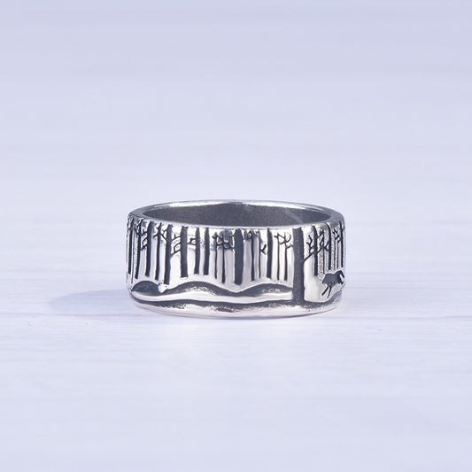 Unisex Copper Ring Electroplated Animal Zodiac Ring Silver Black Finish Running Woman With Wolves Design Style