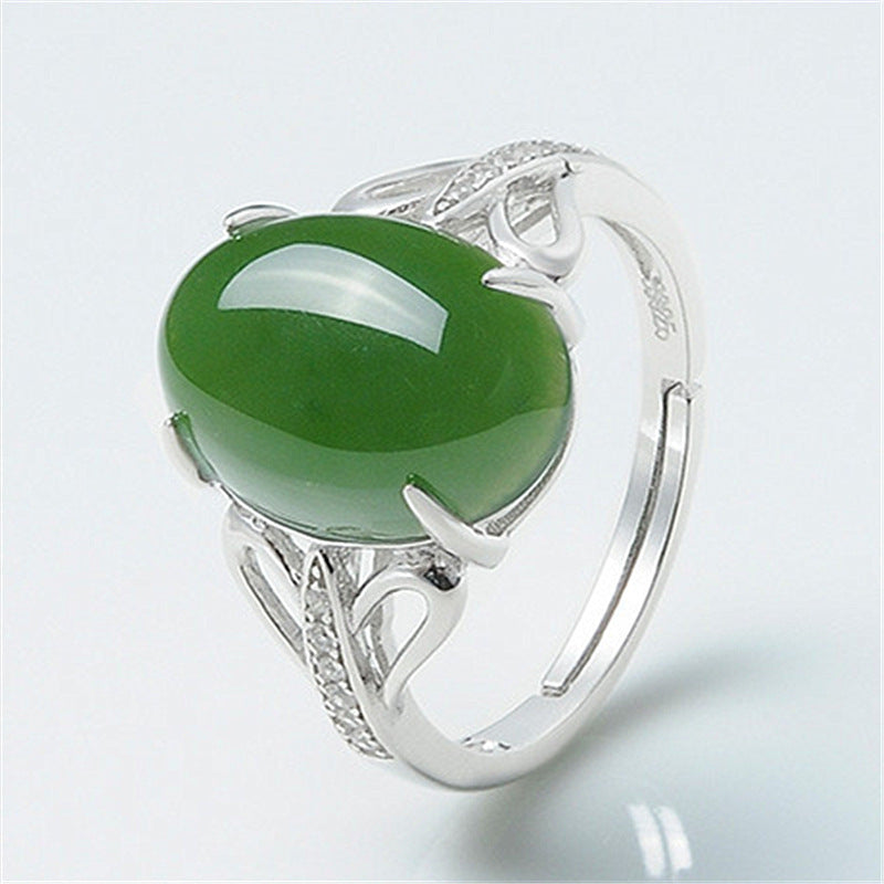Unisex Green Agate Gemstone Ring Adjustable Platinum Plated Copper Retro Design Everyday Wear Jewelry Line Pro