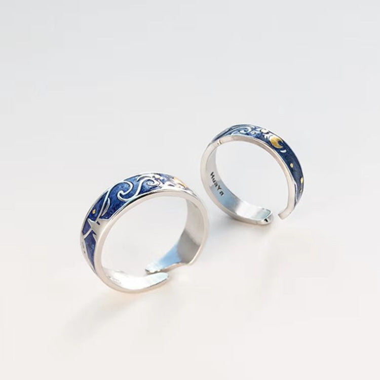Blue Starry Sky Couple Couple Rings Ocean Blue Enamel Opening
