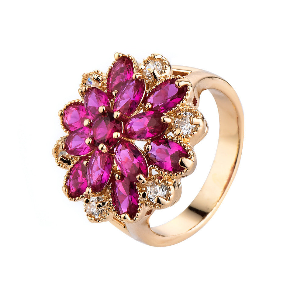 Womens Gold Plated Ring Red Corundum Ring Flower Ring with Zircon Gemstones Electroplated Copper Ring Fashion Jewelry Elegant Ring for Women