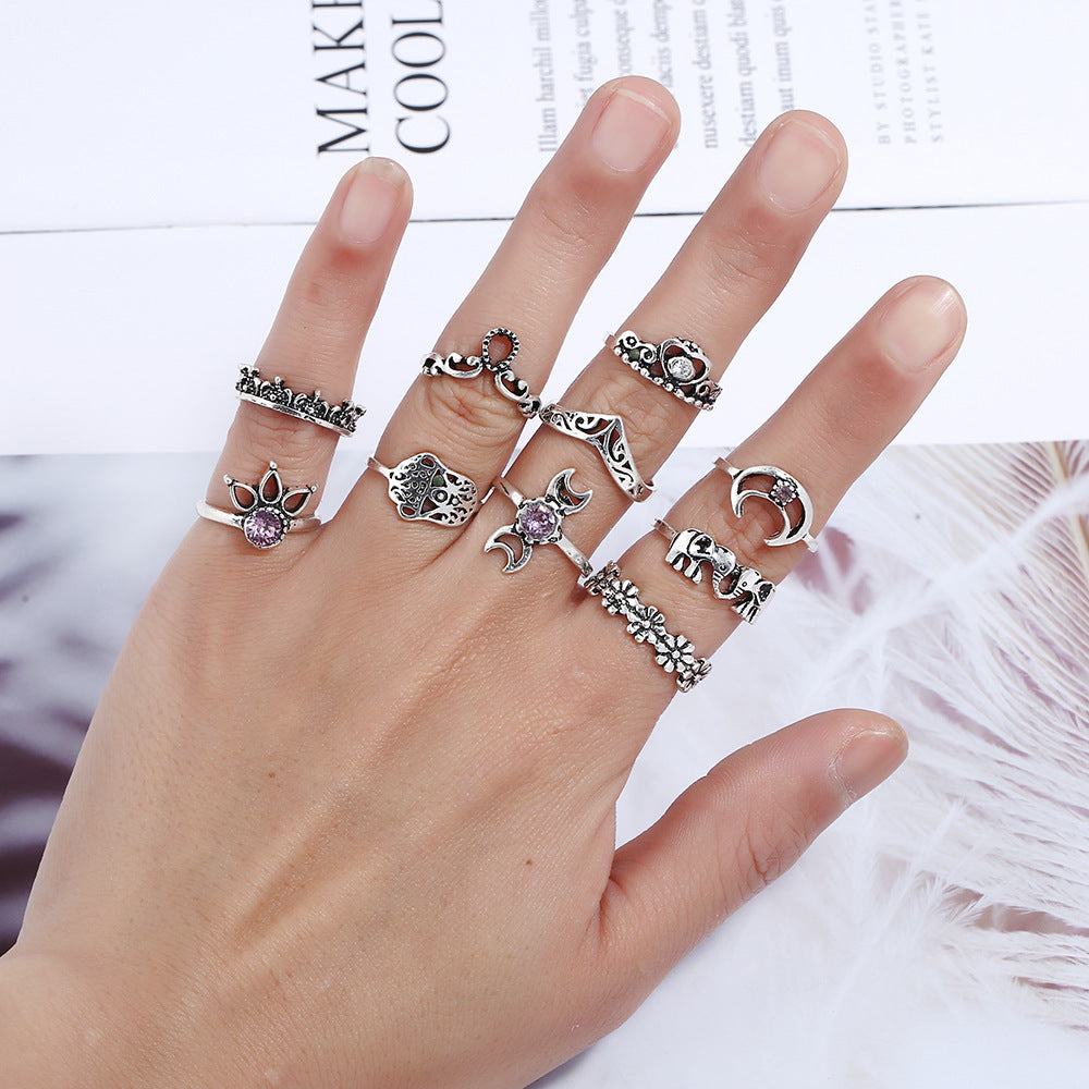 Women Geometric Alloy Ring Gold Plated With Artificial Gemstone Inlay And Ancient Silver Finish European Style