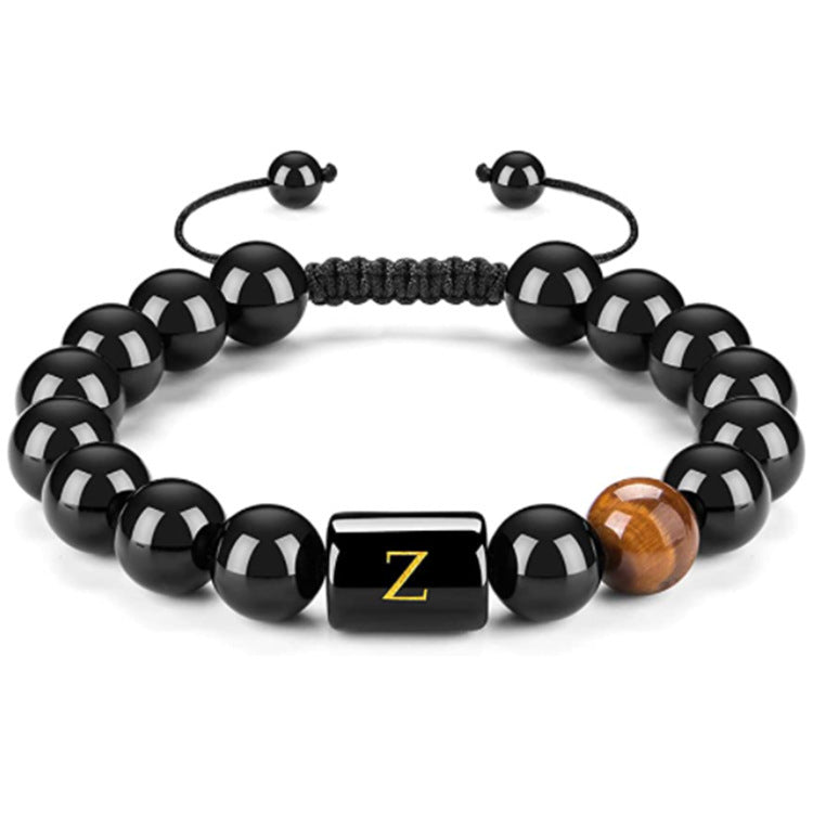 Mens Natural Black Agate 10mm Beads Handmade Initial Letter Bracelet Personalized Gift for Men Letter A Shape Letter