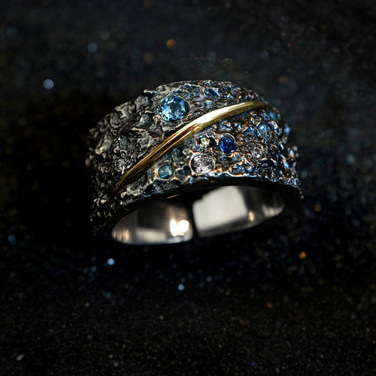 Sterling Silver Diamond Ring Unisex Star Sapphire Adjustable Band Geometric Design For Men And Women Elegant Gift