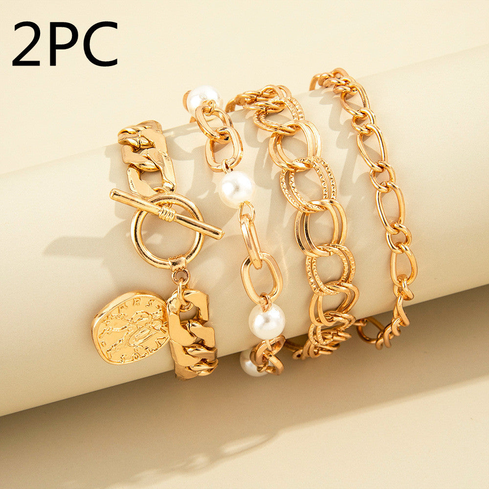 Womens Bracelets Set Four Piece Geometric Pearl Alloy Bracelet Elegant Fashionable Design for Everyday Wear X1