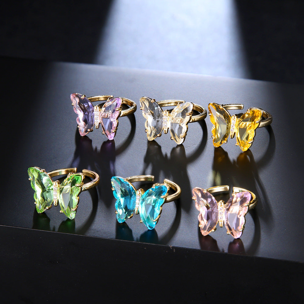 Crystal Butterfly Ring With Zircon Copper Gold Plated Finish For Women Wedding Gift Exquisite Jewelry For Sale