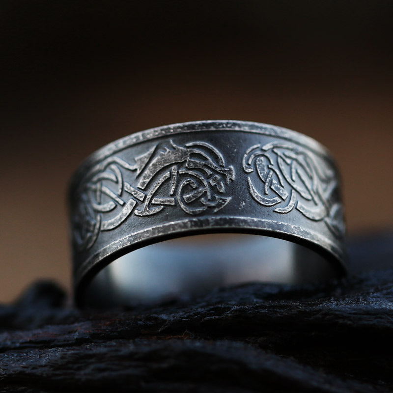 Stainless Steel Ring With Black Carved Dragon And Triangle Pattern For Men Ancient Style Size US 7 8 9 For Men