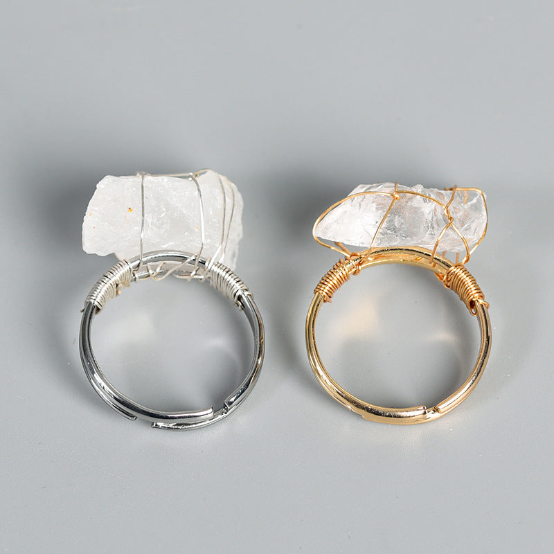 Adjustable Crystal Ring With Geometric Design In Gold And Silver Oval Elements Featuring Amethyst Citrine Pink Crystal