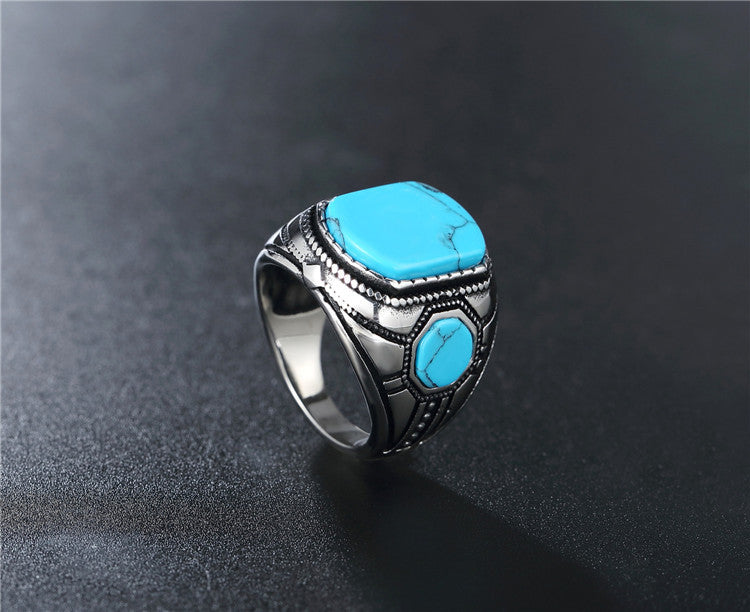 Mens Titanium Steel Ring With Vintage Turquoise Opal Stone Black Gun Plated Stainless Band For Dating Giftable