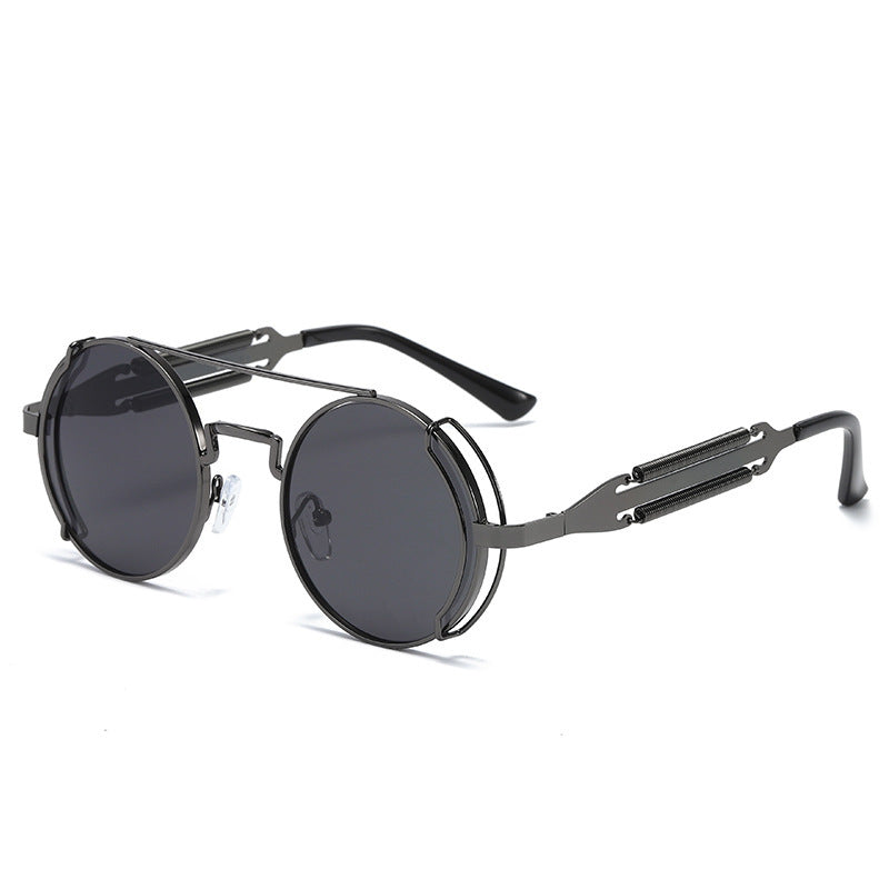 Mens Steampunk Sunglasses With Metal Frame And Plastic Accents Unique Double Spring Leg Design Fashion Eyewear Style