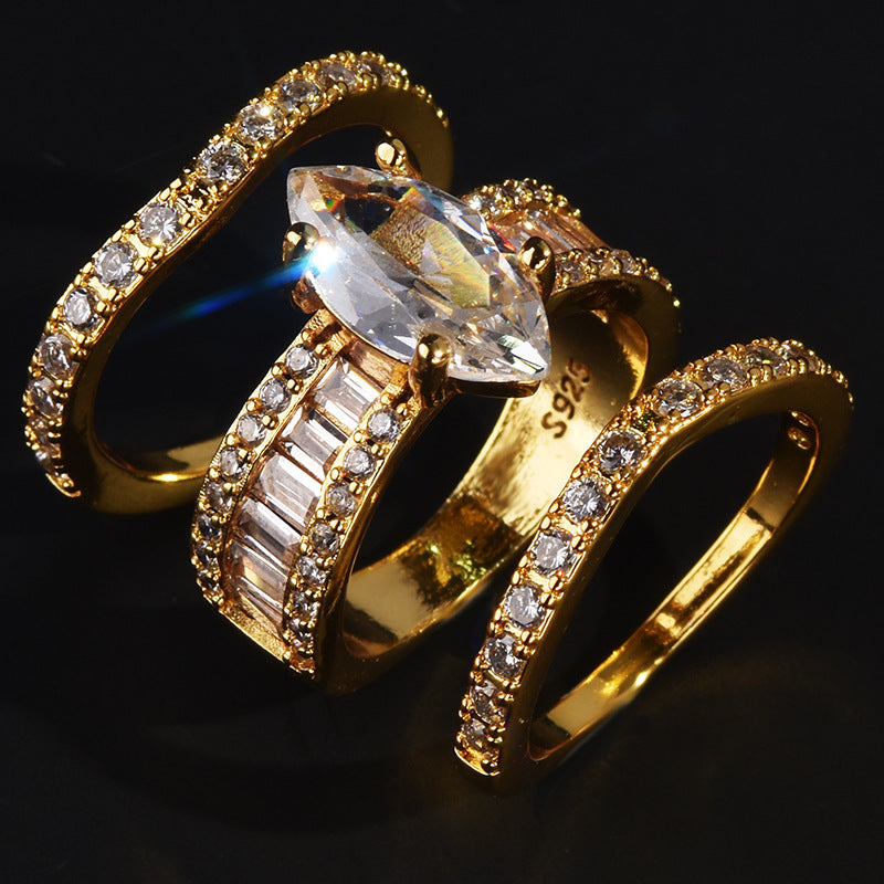 Pure Silver Plated Ring With 18K Gold Inlaid Gemstone Three Piece Set For Men And Women Horse Eye Shape Ring 6