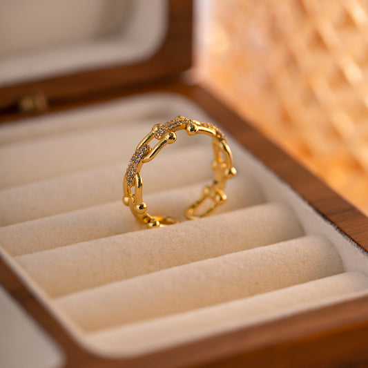 Geometric Copper Ring With Zircon Inlaid Open Design 18K Gold Plated Fashion Jewelry For Everyday Wear Elegant