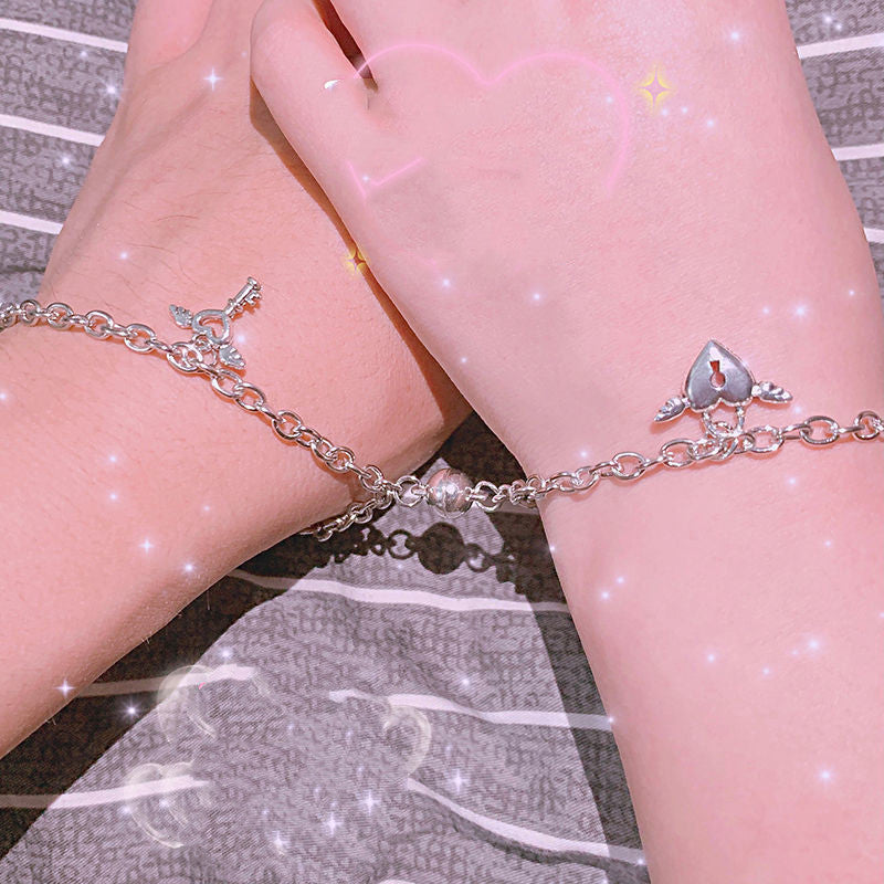 Couple Heart Shaped Alloy Bracelet Set With Magnetic Lock Keys Matching Bracelets For Him And Her Gift For You