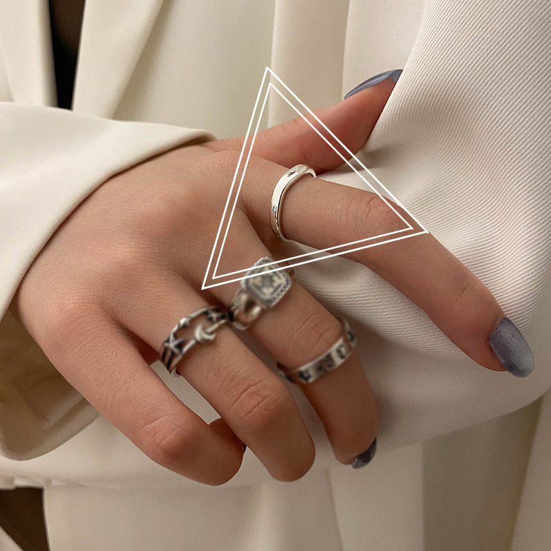 Women Ring Silver Plated Star And Moon Geometric Vintage Celestial Adjustable Jewelry Everyday Statement Piece
