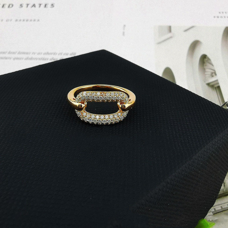 Geometric Lock Ring Crystal Inlaid Zircon Embellished Coppery Gold Plated Elegant Daily Wear Statement Jewelry