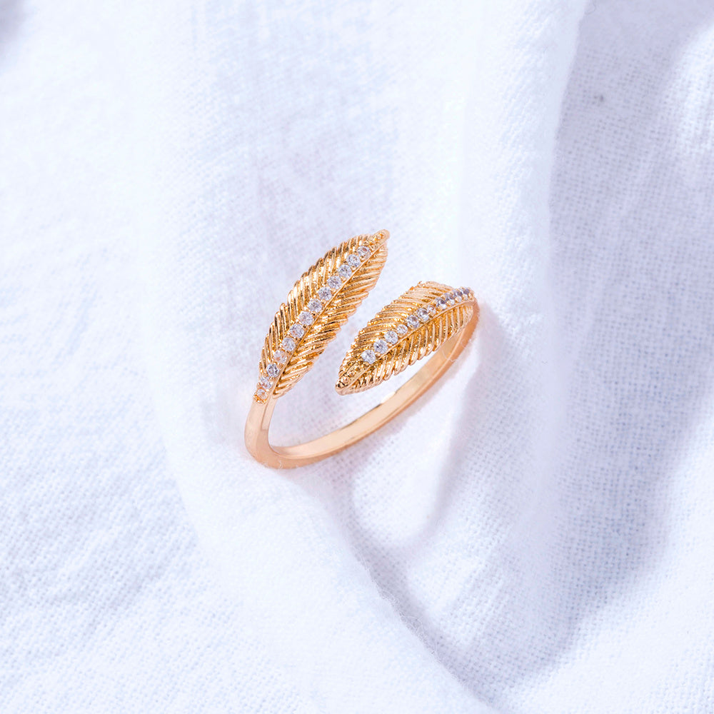 Adjustable Copper Ring With Zircon Inlays Feather Opening Design For Women And Girls Electroplating High Shine