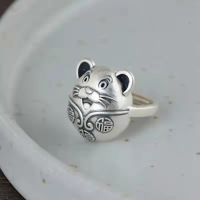 Womens Silver Plated Smiling Face Mouse Ring Retro Distressed Copper Adjustable Fashion Accessory For Women Ideal Gift