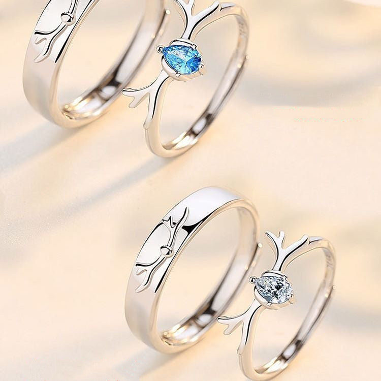 Deer Ring for Couples Animal Ring Set Matching Rings for Lovers Gift Jewelry for Him and Her Mens and Womens White Diamond and Blue Diamond Options