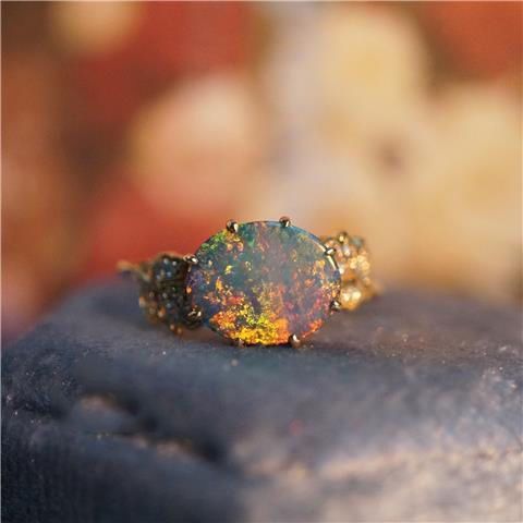 Women's Opal Ring with Delicate Texture and Leaves Design Plated S925 Silver Adjustable Opening Sweet Ring for Her Round Geometry Copper Ring