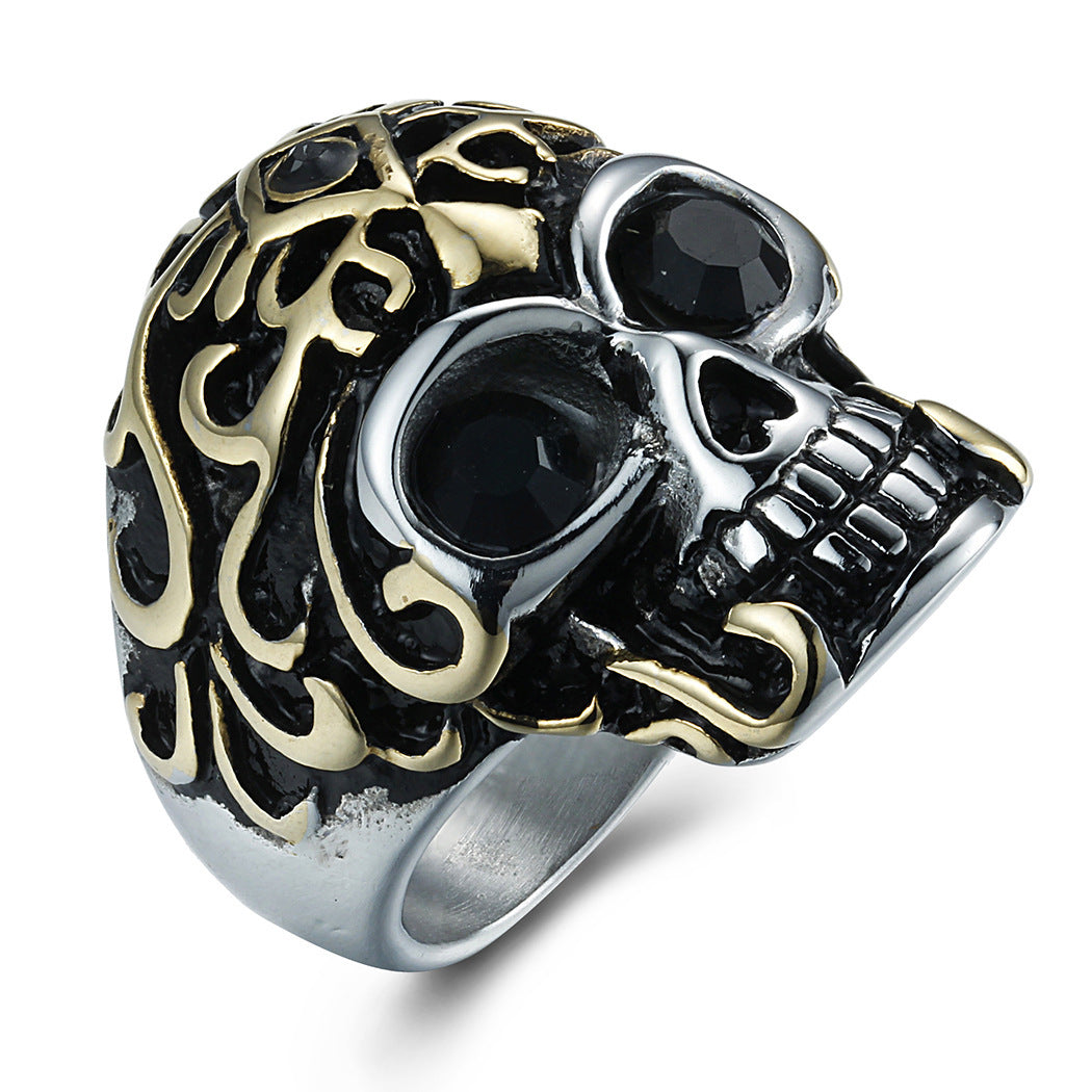 Mens 18K Gold Plated Stainless Steel Skull Ring European Ghost Head Customizable Inlaid Gemstone Rings For Men