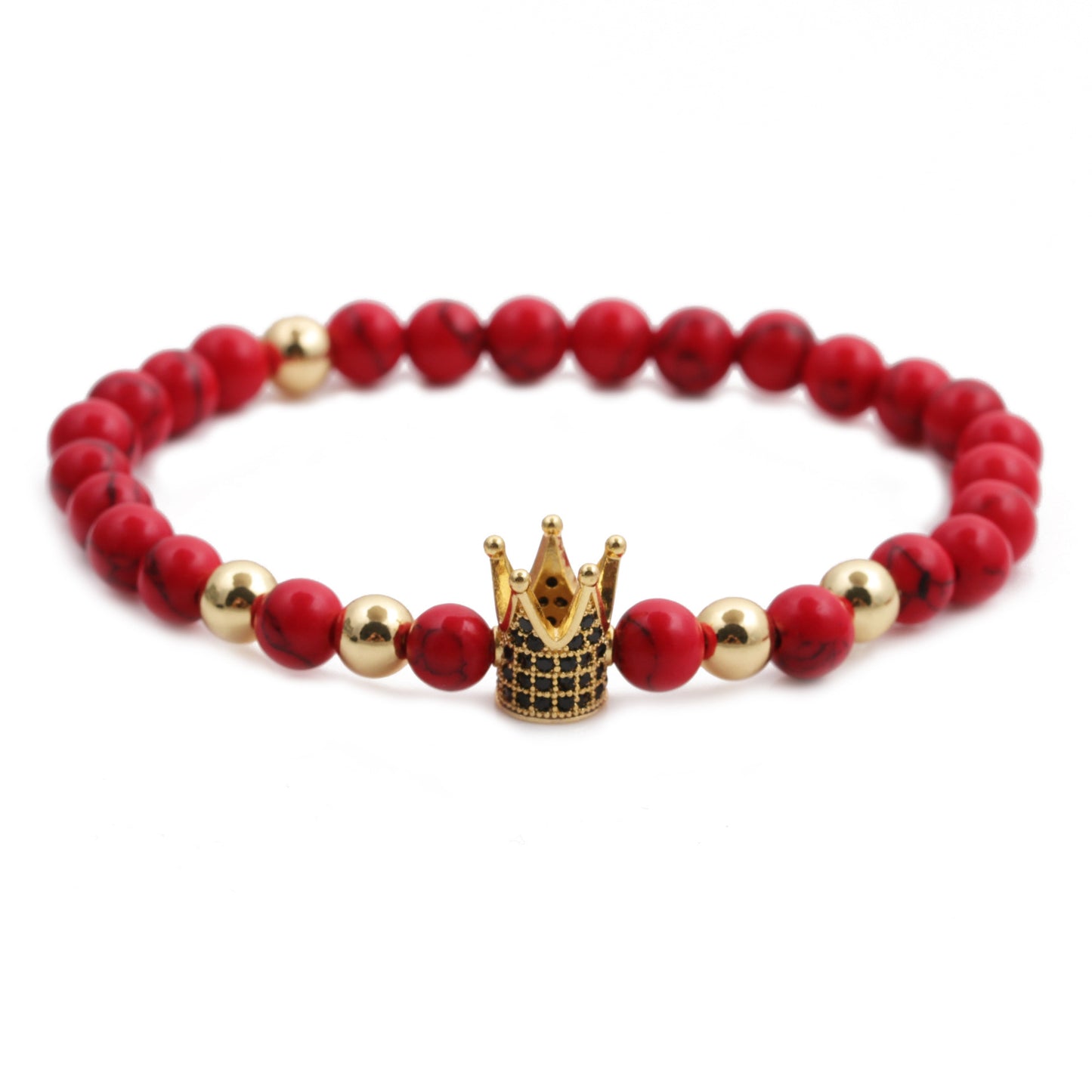 Red Pine Wood Bracelet With Copper Crown And Red Turquoise Accents Micro Inlaid White Zircon Elastic Cord Glow