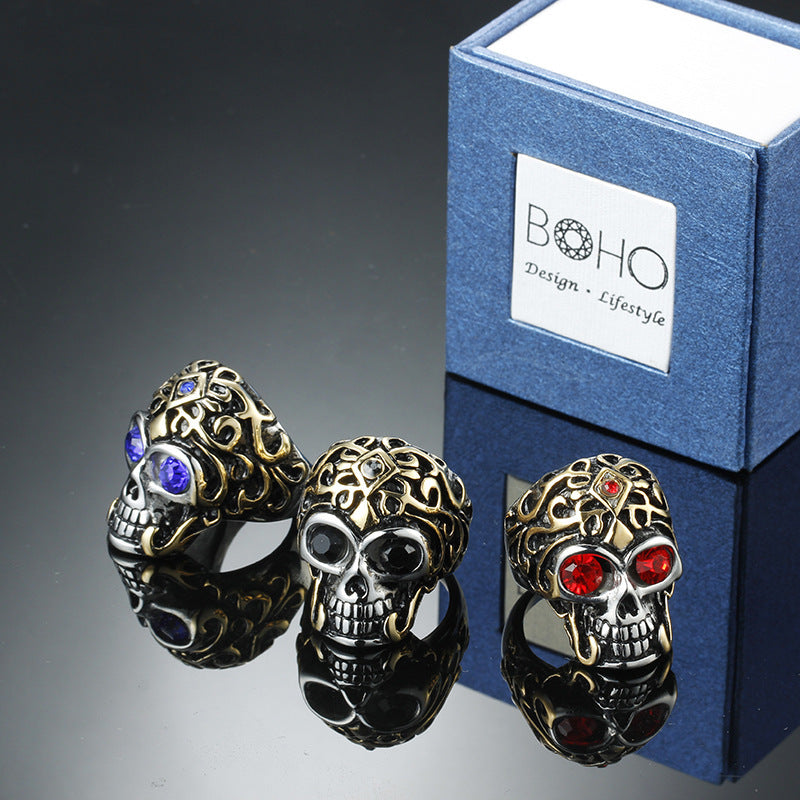 Mens 18K Gold Plated Stainless Steel Skull Ring European Ghost Head Customizable Inlaid Gemstone Rings For Men