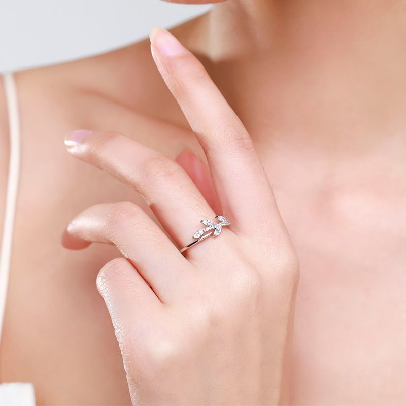 925 Sterling Silver Ring Korean Leaf Design Zircon Branches And Leaves Electroplated Finish Birthday Present925