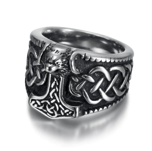 Handcrafted Stainless Steel Thor's Hammer Ring and Celtic Knotwork Band Norse Jewelry Viking Ring Men's Ring Statement Ring Unique Design Norse Pagan Jewelry